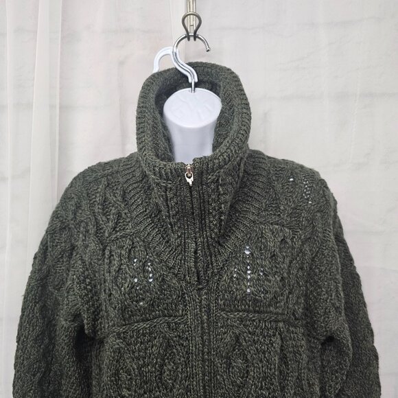Aran Sweater Market Green Wool Cardigan Preppy Cabin Winter Irish S - Picture 2 of 12